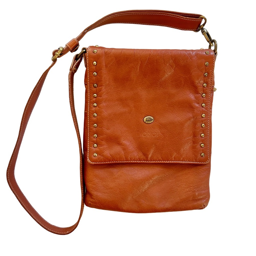 Avorio Italy Leather Flap Over Studded Crossbody Purse Adjustable Strap Rust